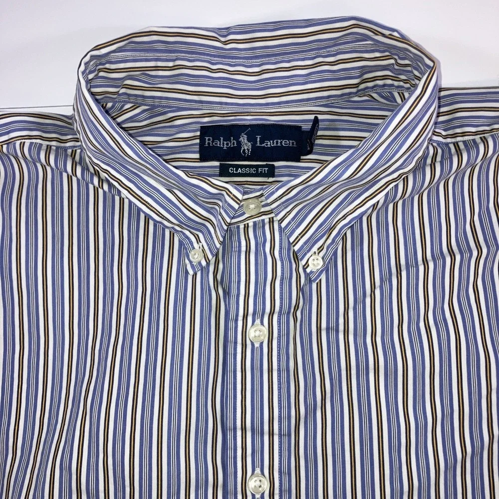 Polo Ralph Lauren Shirt Mens 3XLT‎ Tall Blue Yellow Stripe Button Down *Flaws